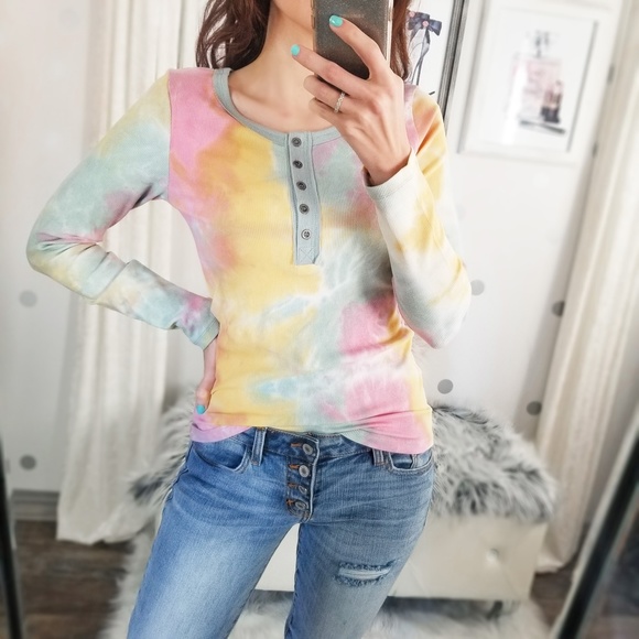 Fall Rib Knit Tops Tie Dye Henley Top Women’s Casual Button Up Tops - Picture 4 of 5